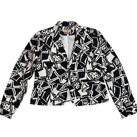 100% Silk Abstract Print Blazer Jacket M | Black White Art Statement Lined - Picture 4 of 8